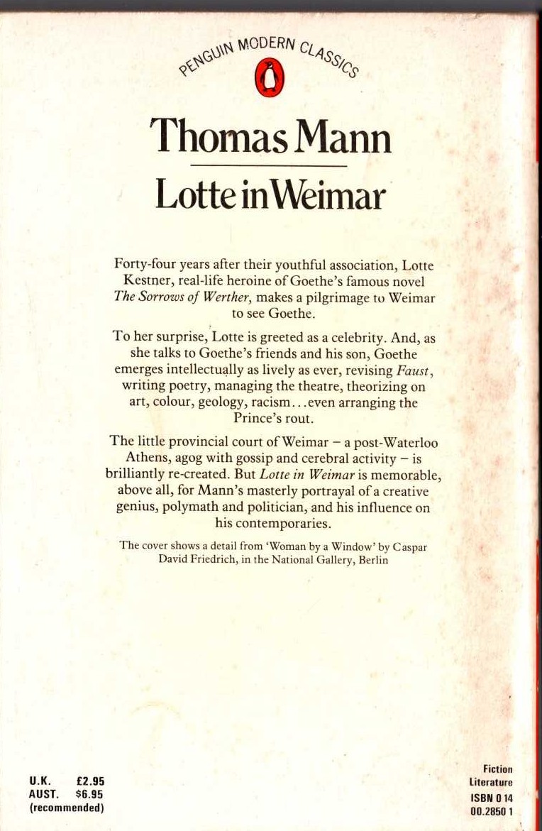 Thomas Mann  LOTTE IN WEIMAR magnified rear book cover image