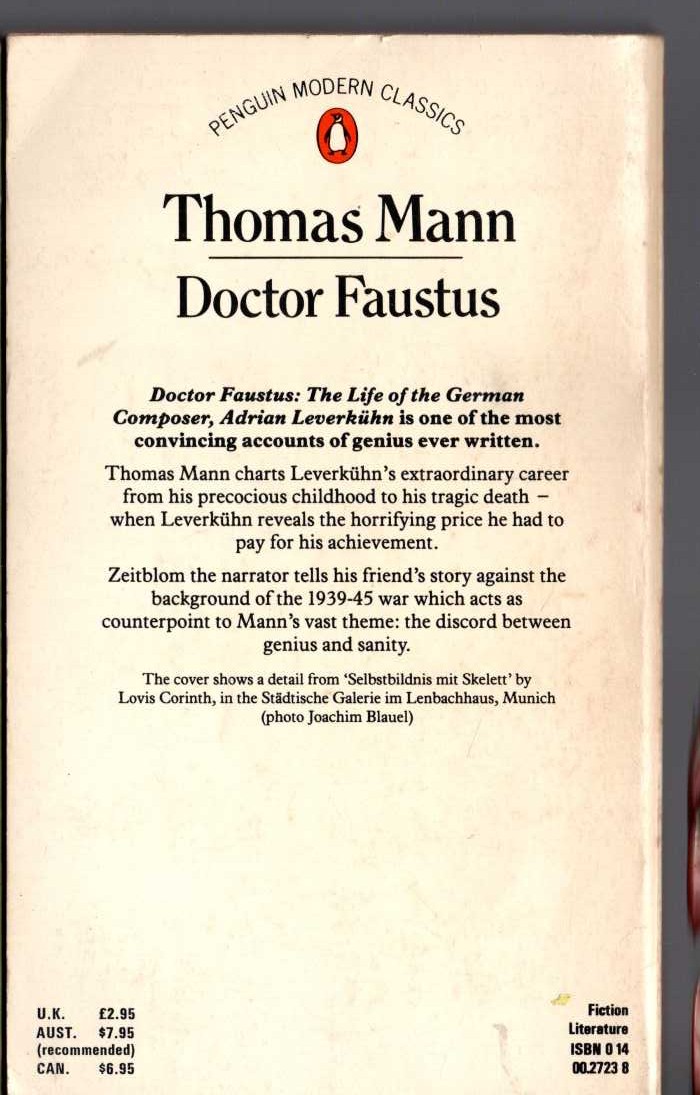 Thomas Mann  DOCTOR FAUSTUS magnified rear book cover image