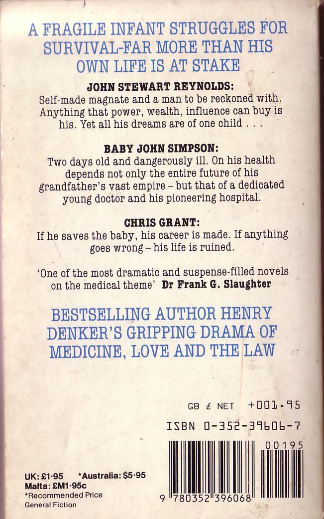 Henry Denker  THE PHYSICIANS magnified rear book cover image