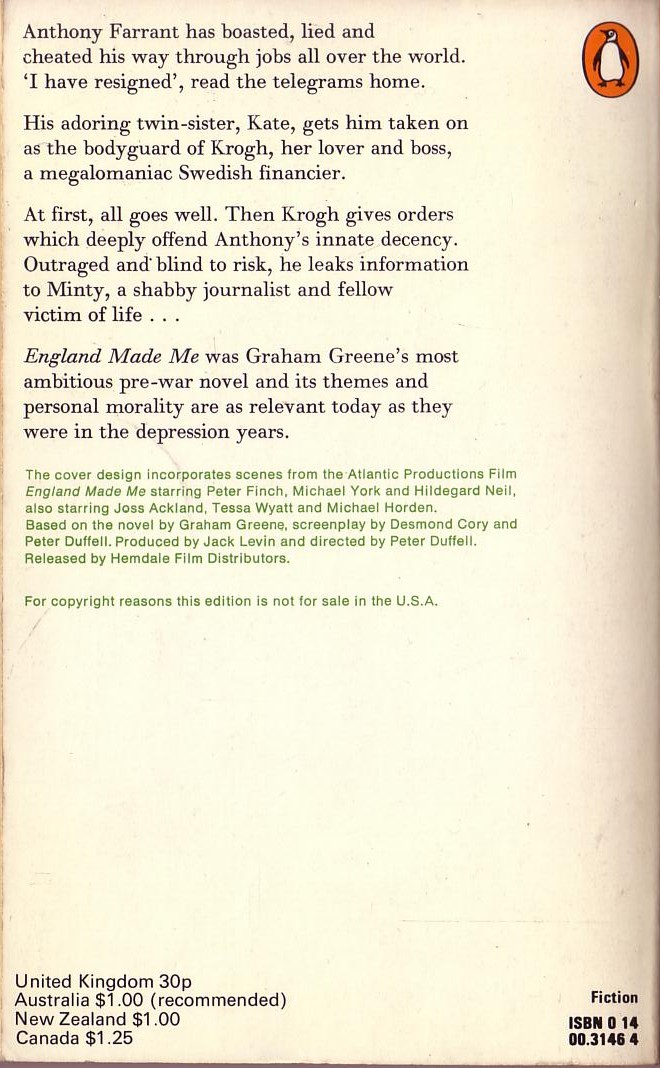 Graham Greene  ENGLAND MADE ME (Michael York) magnified rear book cover image