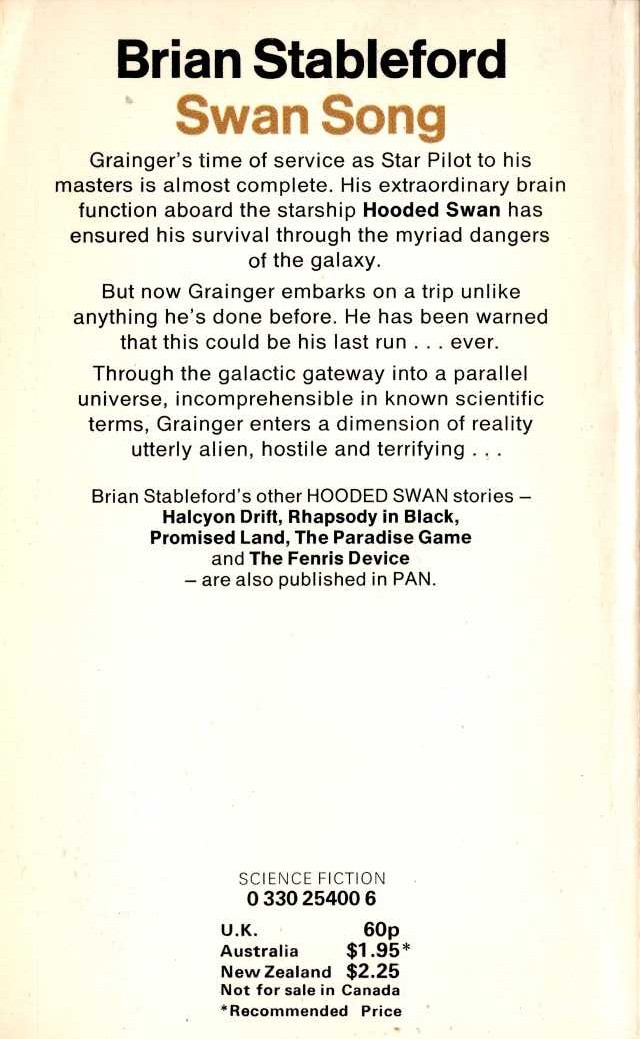 Brian Stableford  SWAN SONG magnified rear book cover image