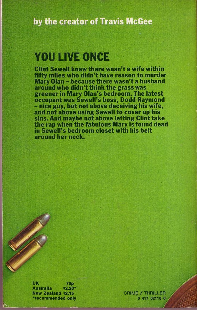 John D. MacDonald  YOU LIVE ONCE magnified rear book cover image