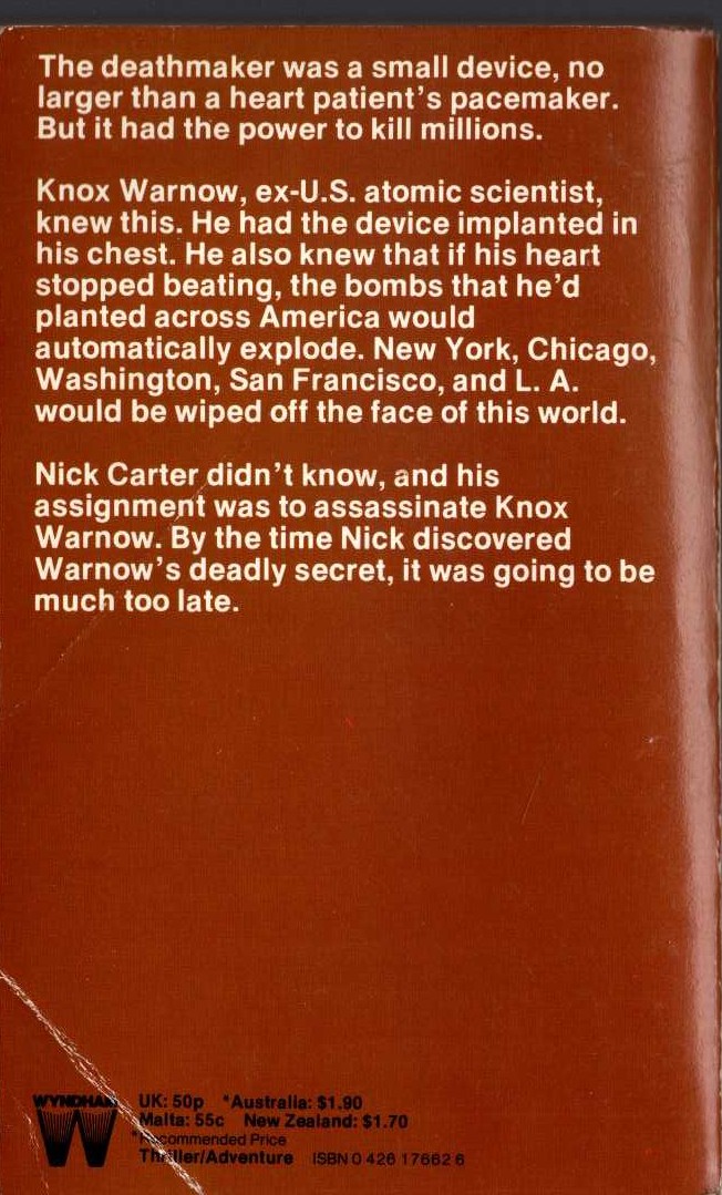 Nick Carter  THE DEATH'S HEAD CONSPIRACY magnified rear book cover image