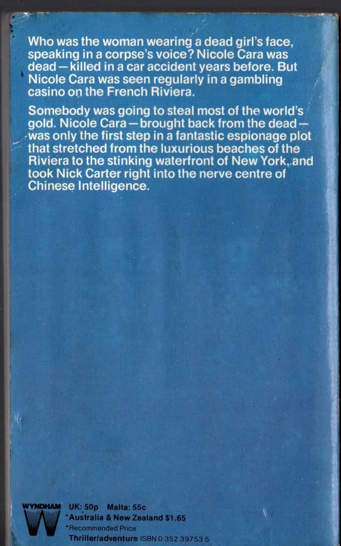 Nick Carter  THE MAN WHO SOLD DEATH magnified rear book cover image
