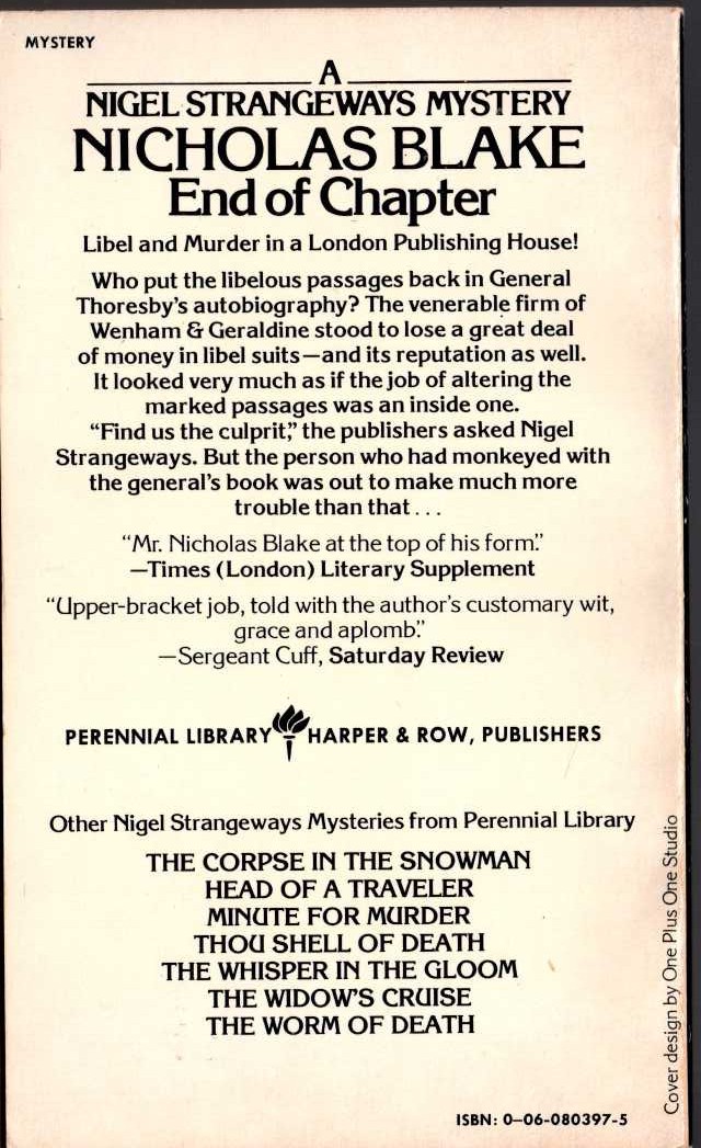 Nicholas Blake  END OF CHAPTER magnified rear book cover image