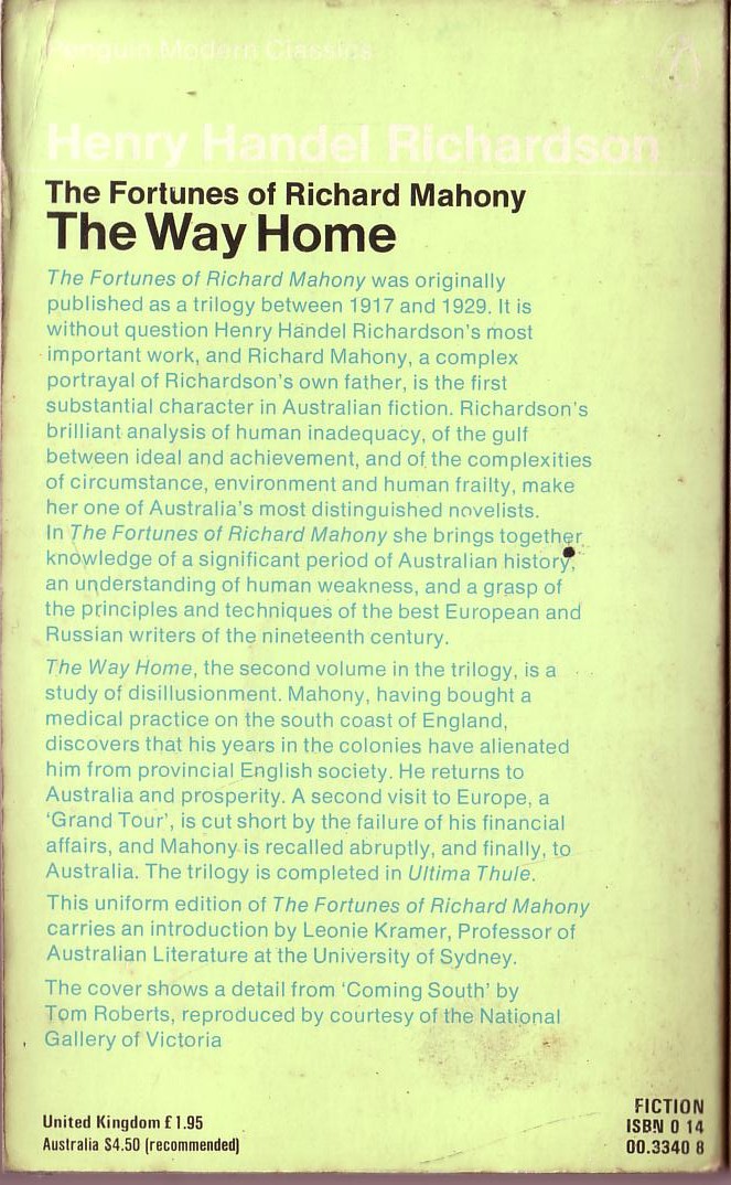 Henry Handel Richardson  THE WAY HOME: THE FORTUNES OF RICHARD MAHONY magnified rear book cover image