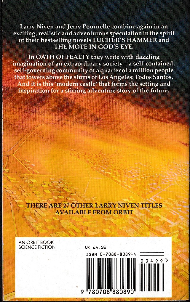 Larry Niven  OATH OF FEALTY magnified rear book cover image