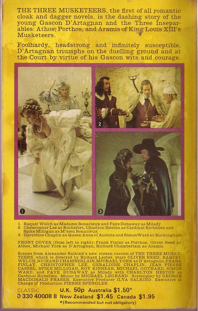 Alexandre Dumas  THE THREE MUSKATEERS (Oliver Reed, Charlton Heston, Christopher Lee, Raquel Welch) magnified rear book cover image