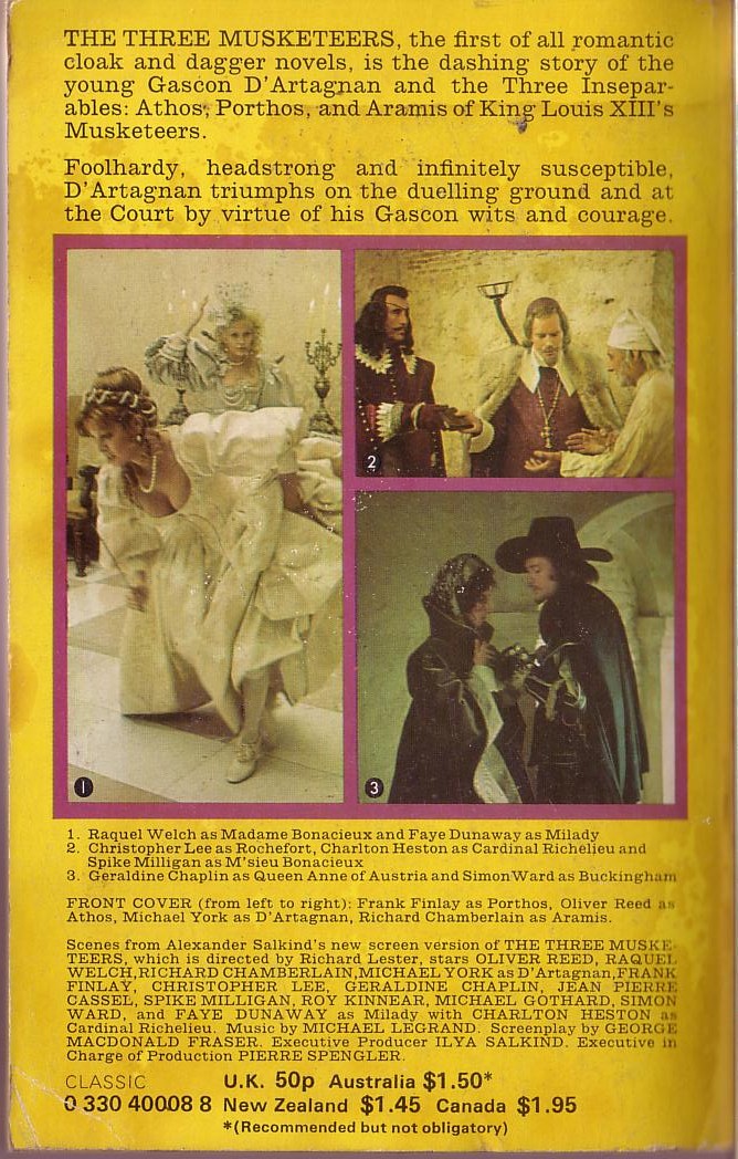 Alexandre Dumas  THE THREE MUSKETEERS (Oliver Reed, Charlton Heston, Christopher Lee, Raquel Welch) magnified rear book cover image