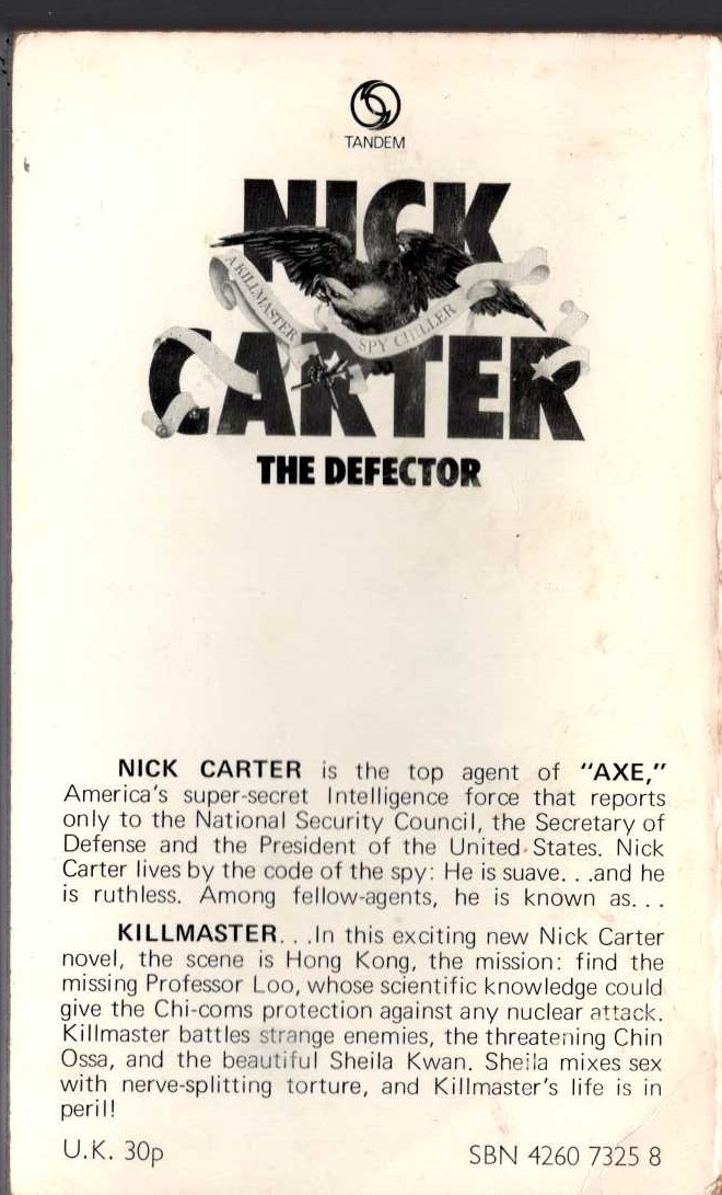 Nick Carter  THE DEFECTOR magnified rear book cover image