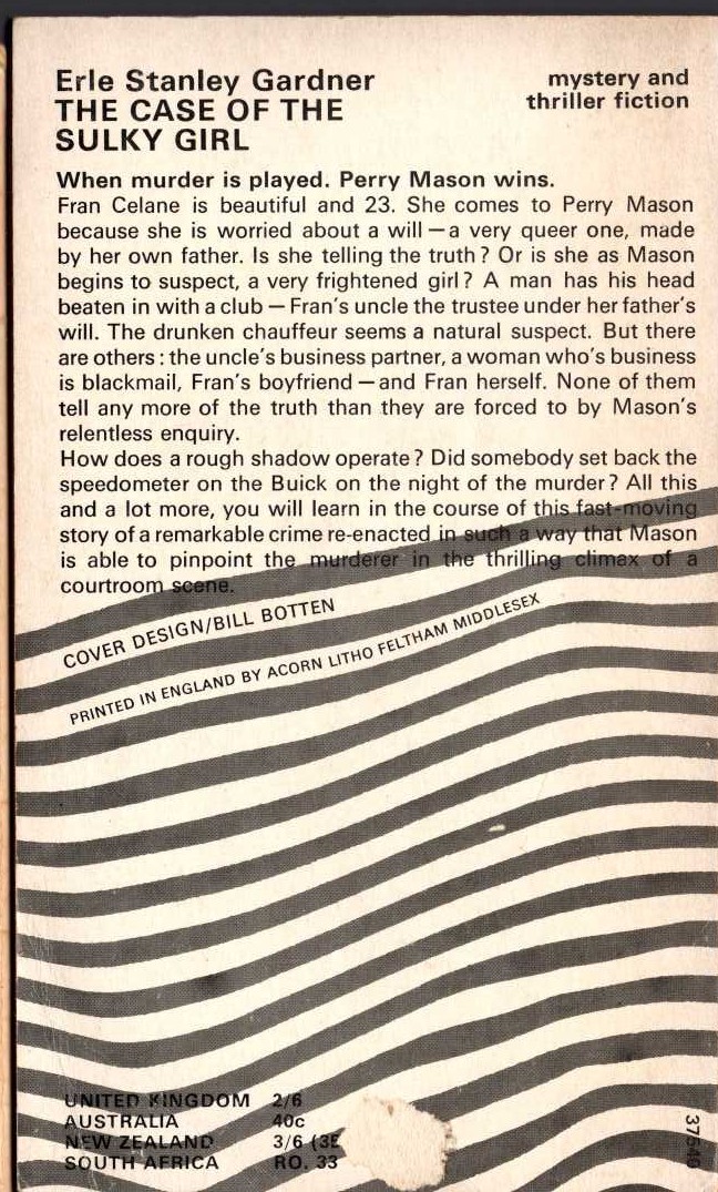 Erle Stanley Gardner  THE CASE OF THE SULKY GIRL magnified rear book cover image