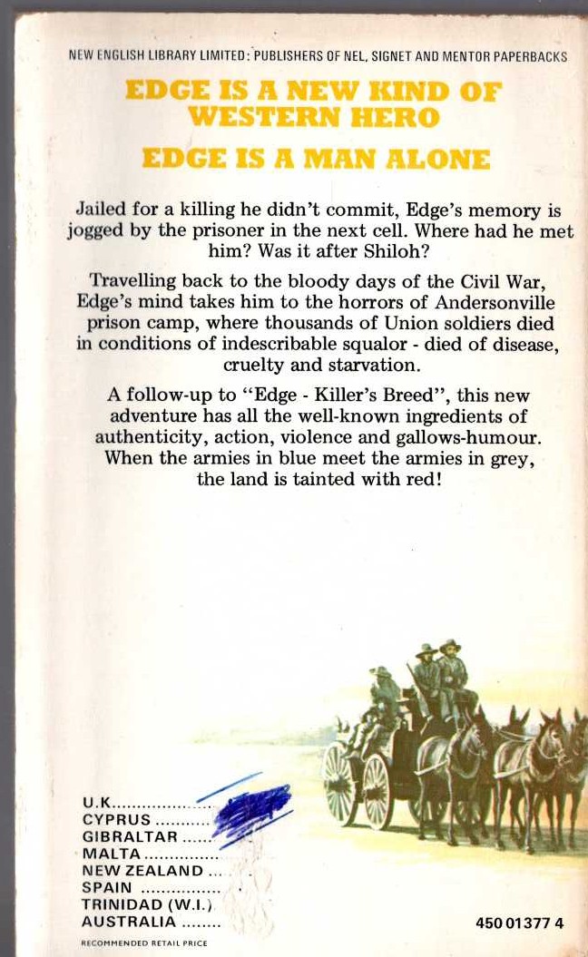 George G. Gilman  EDGE 6: THE BLUE, THE GREY AND THE RED magnified rear book cover image