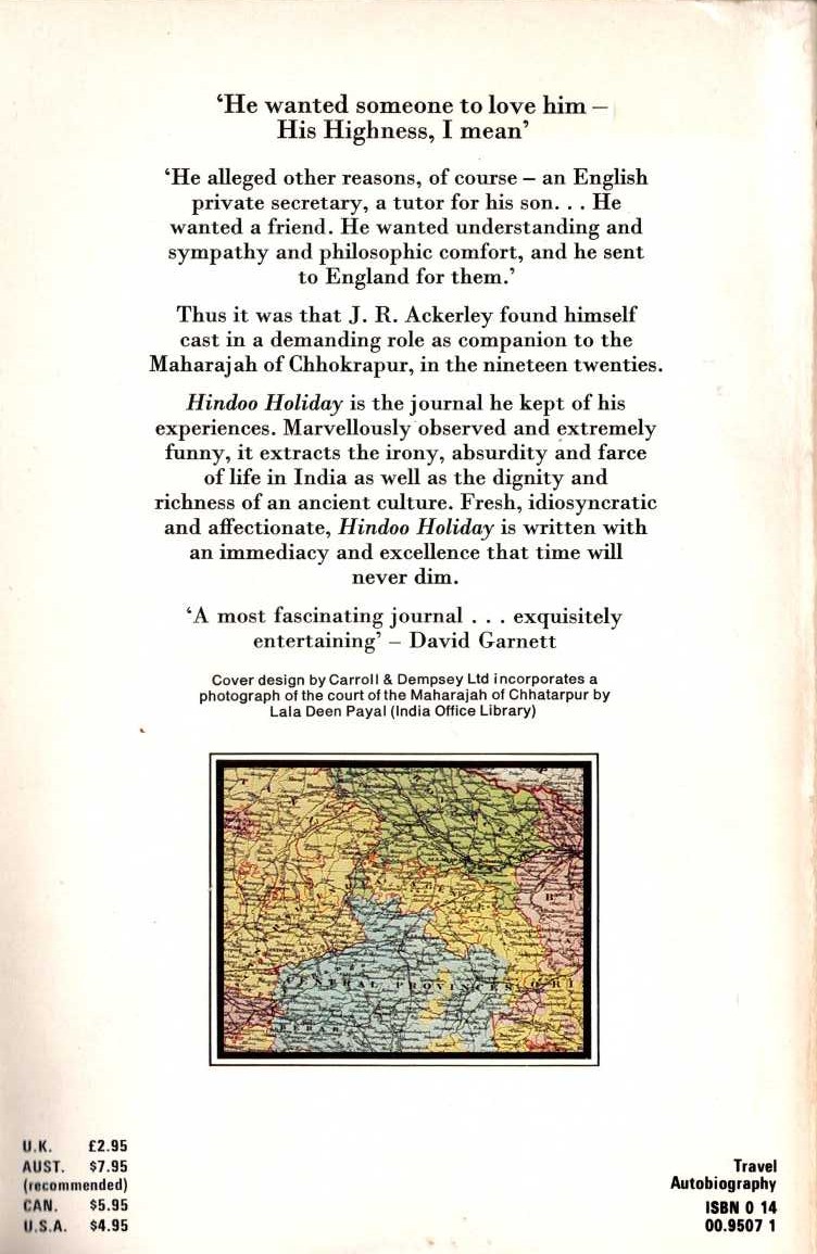 J.R. Ackerley  HINDOO HOLIDAY (Travel) magnified rear book cover image