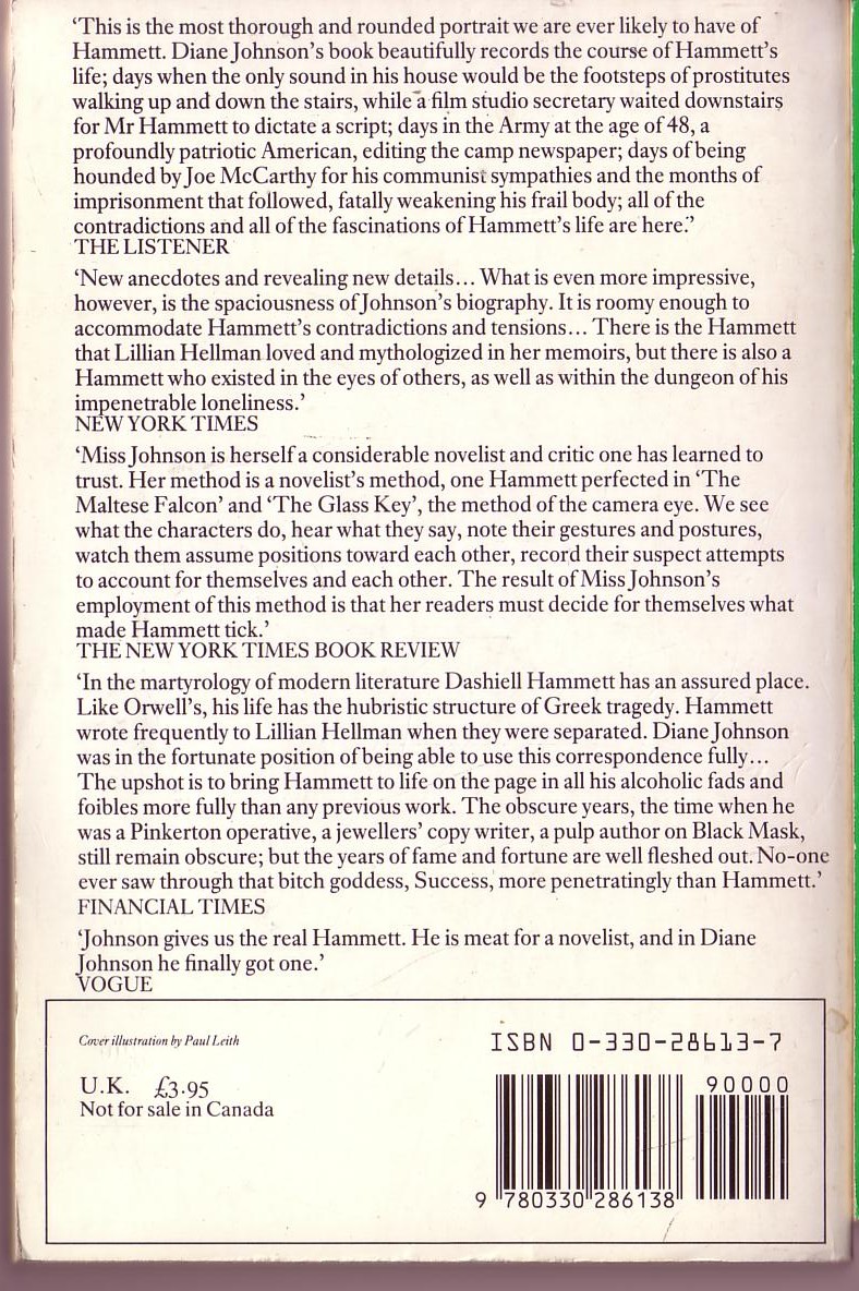 (Diane Johnson) THE LIFE OF DASHIELL HAMMETT magnified rear book cover image