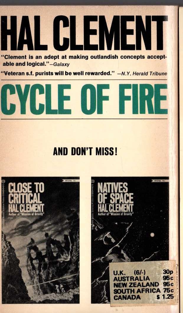 Hal Clement  CYCLE OF FIRE magnified rear book cover image