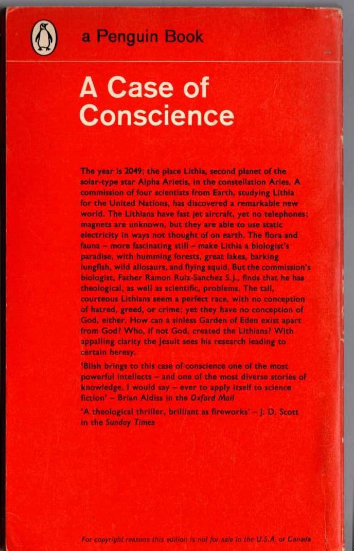 James Blish  A CASE OF CONSCIENCE magnified rear book cover image