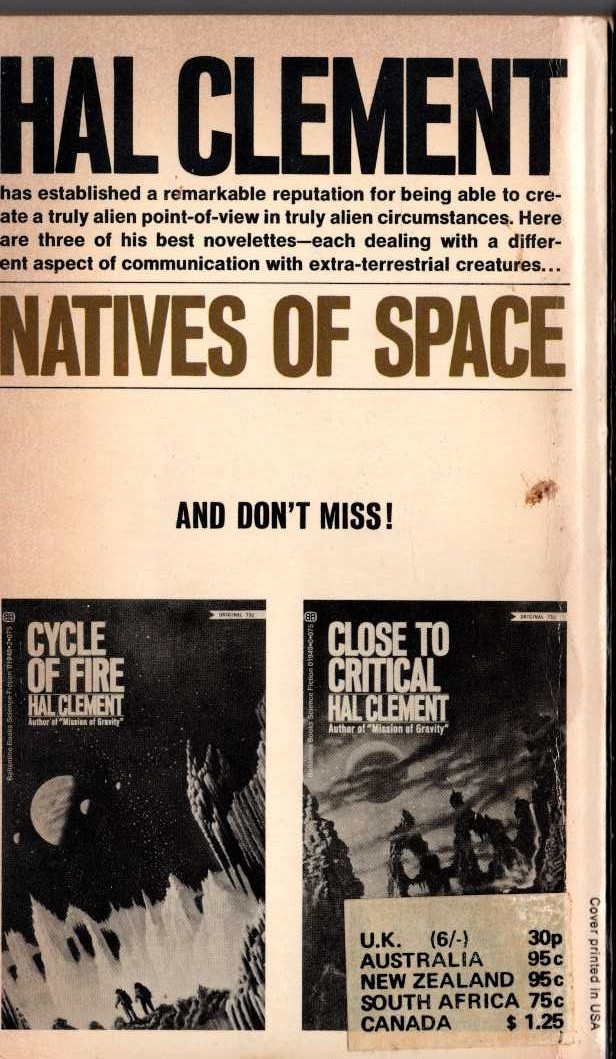 Hal Clement  NATIVES OF SPACE magnified rear book cover image