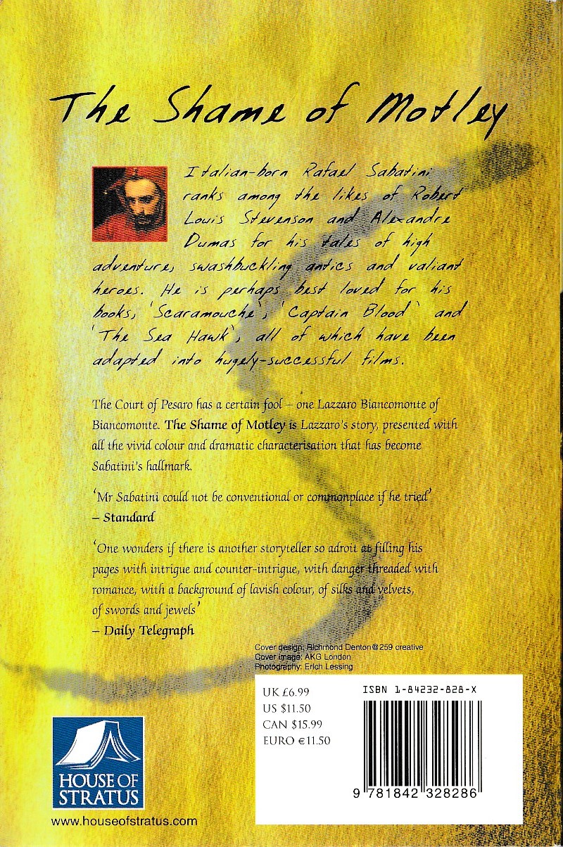 Rafael Sabatini  THE SHAME OF MOTLEY magnified rear book cover image