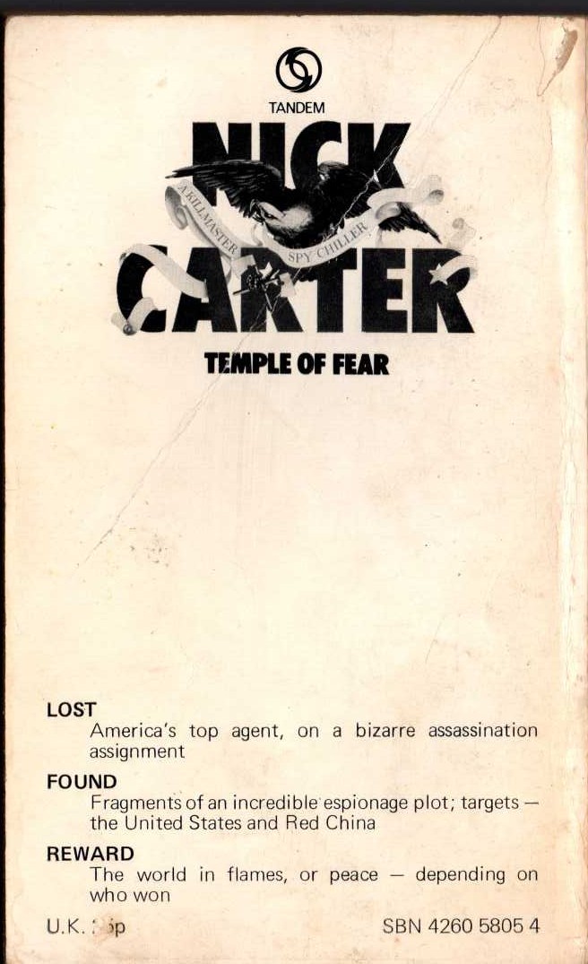 Nick Carter  TEMPLE OF FEAR magnified rear book cover image