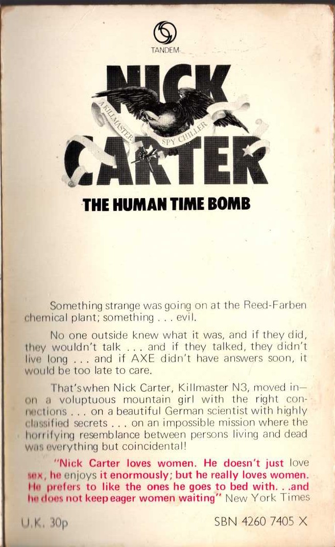 Nick Carter  THE HUMAN TIME BOMB magnified rear book cover image
