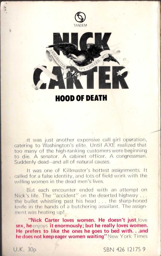 Nick Carter  HOOD OF DEATH magnified rear book cover image
