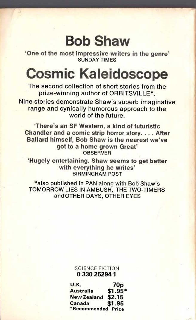 Bob Shaw  COSMIC KALEIDOSCOPE magnified rear book cover image