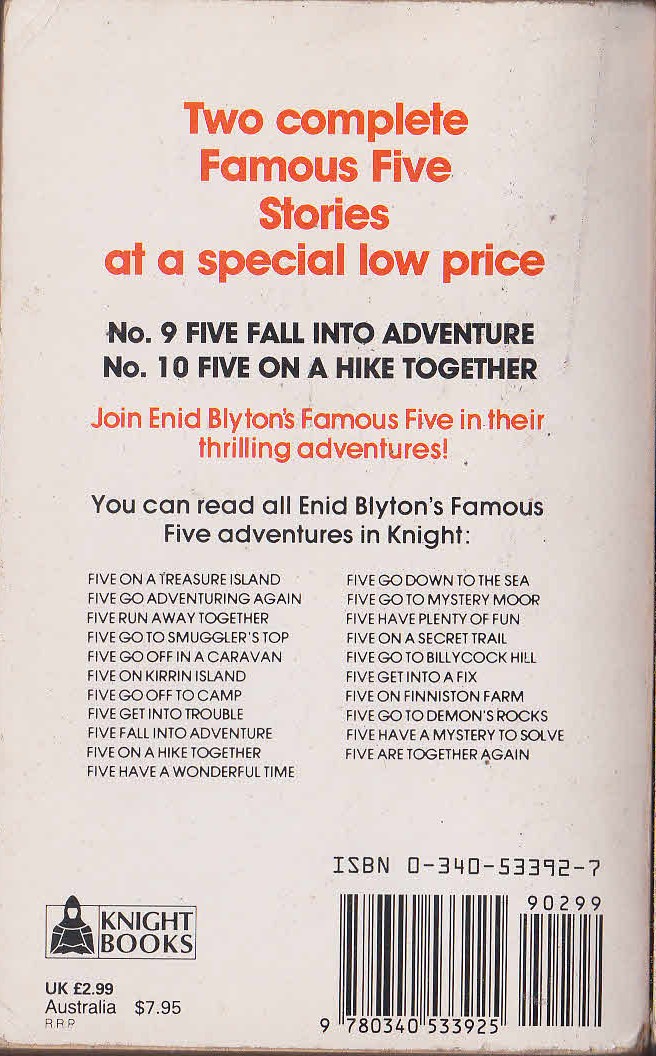 Enid Blyton  FIVE FALL INTO ADVENTURE/ FIVE ON A HIKE TOGETHER magnified rear book cover image