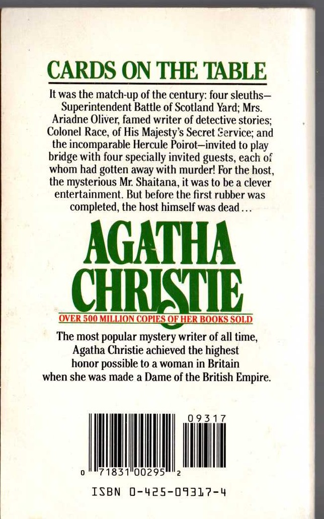 Agatha Christie  CARDS ON THE TABLE magnified rear book cover image