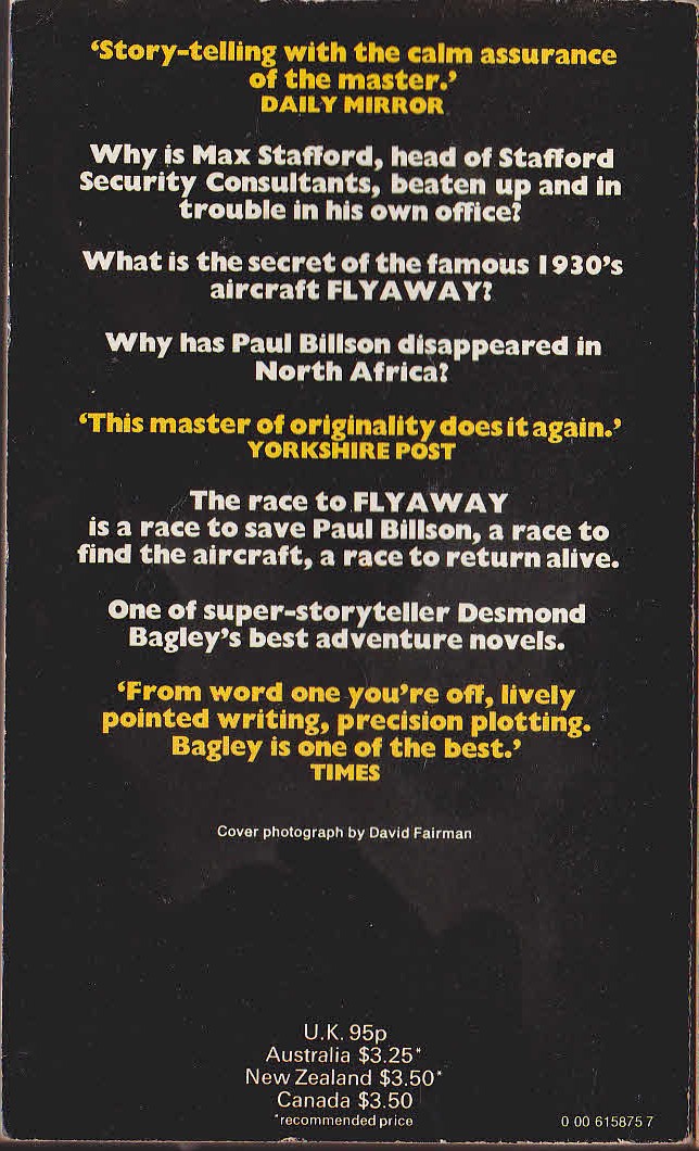 Desmond Bagley  FLYAWAY magnified rear book cover image