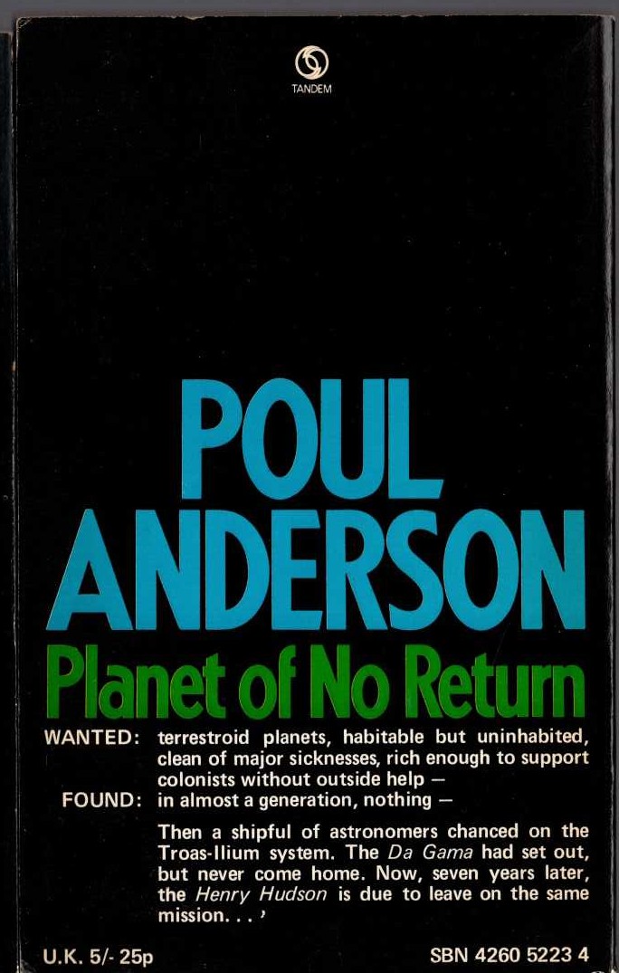 Poul Anderson  PLANET OF NO RETURN magnified rear book cover image