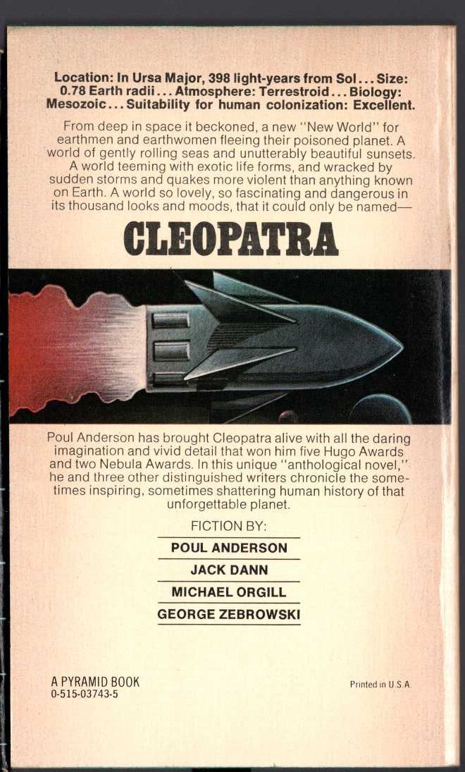 Poul Anderson  A WORLD NAMED CLEOPATRA magnified rear book cover image