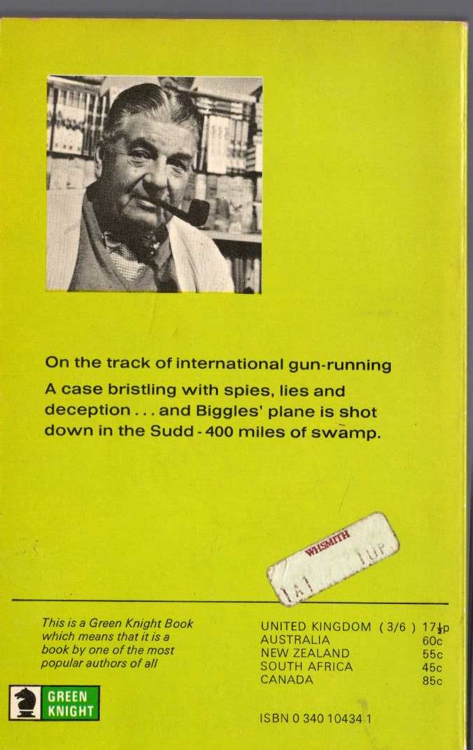 Captain W.E. Johns  BIGGLES AND THE GUN-RUNNERS magnified rear book cover image