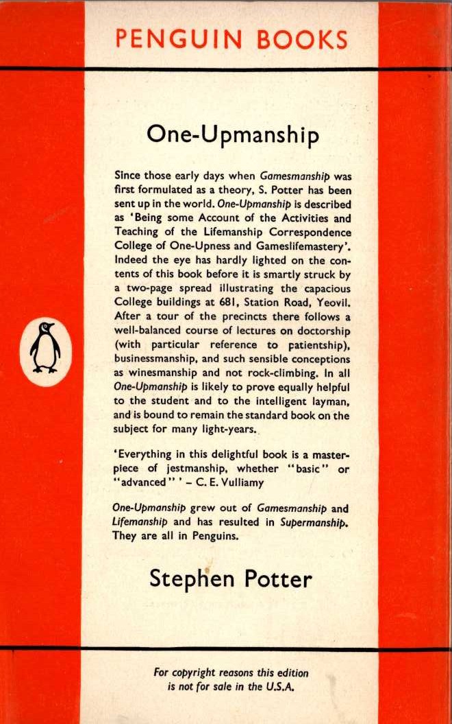 Stephen Potter  ONE-UPMANSHIP magnified rear book cover image