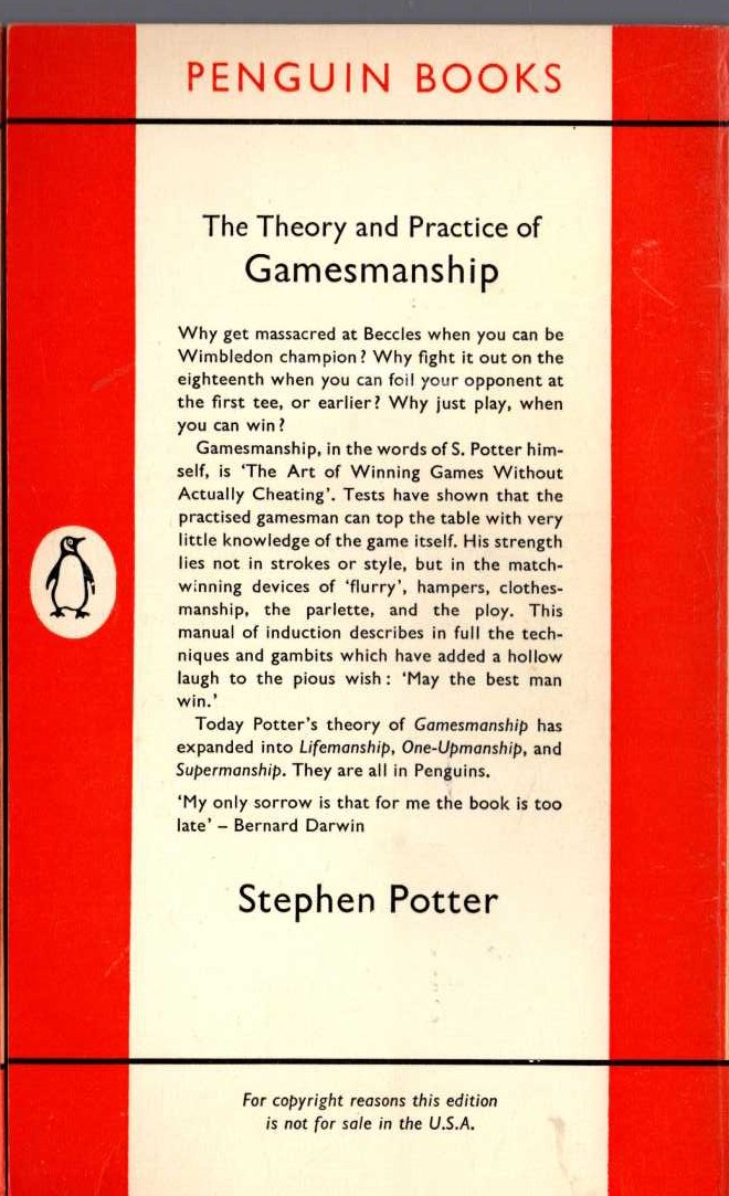 Stephen Potter  GAMESMANSHIP magnified rear book cover image