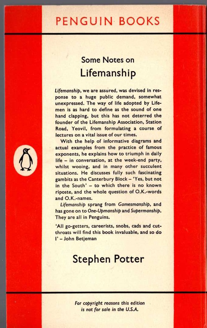 Stephen Potter  LIFEMANSHIP magnified rear book cover image