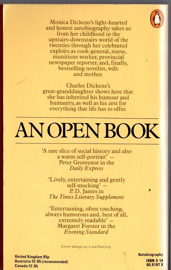 Monica Dickens  AN OPEN BOOK. Autobiography magnified rear book cover image