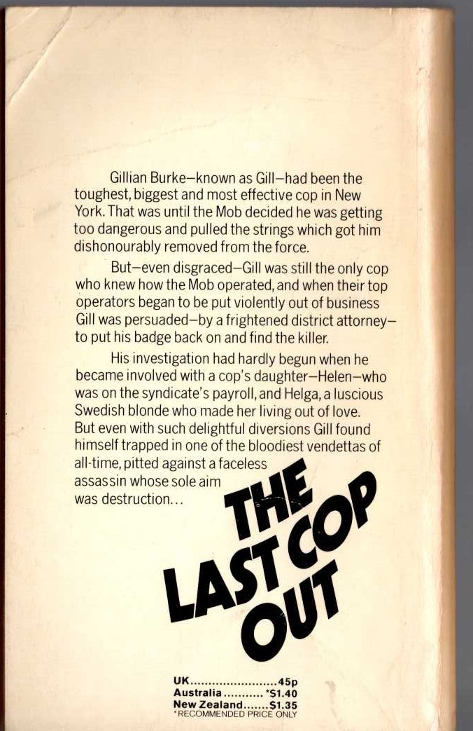 Mickey Spillane  THE LAST COP OUT magnified rear book cover image