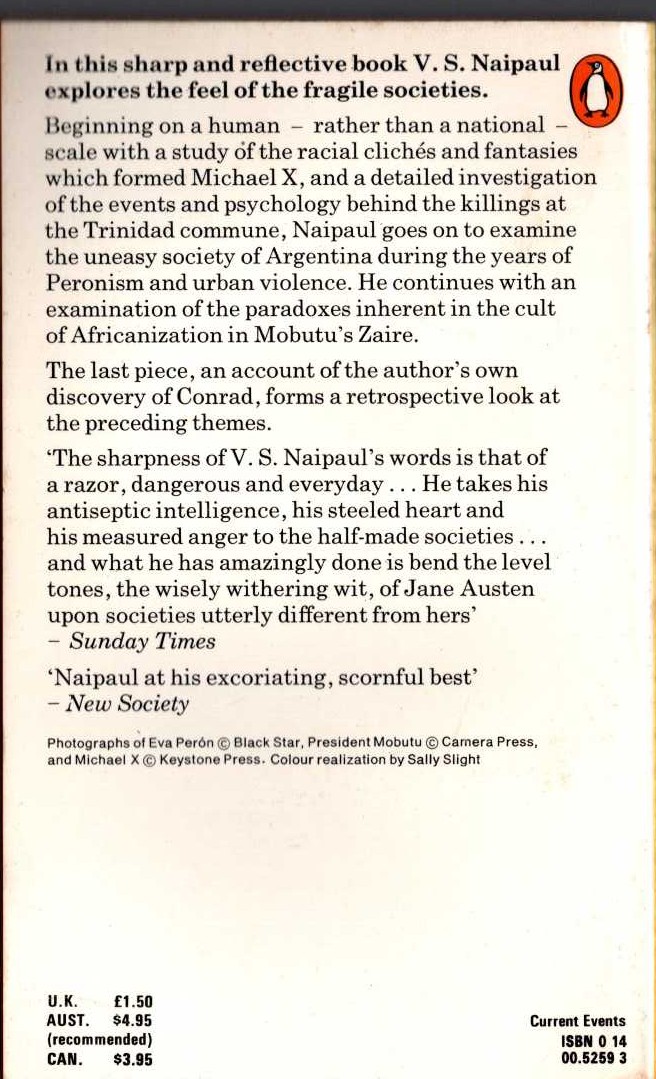 V.S. Naipaul  THE RETURN OF EVA PERON (non-fiction) magnified rear book cover image