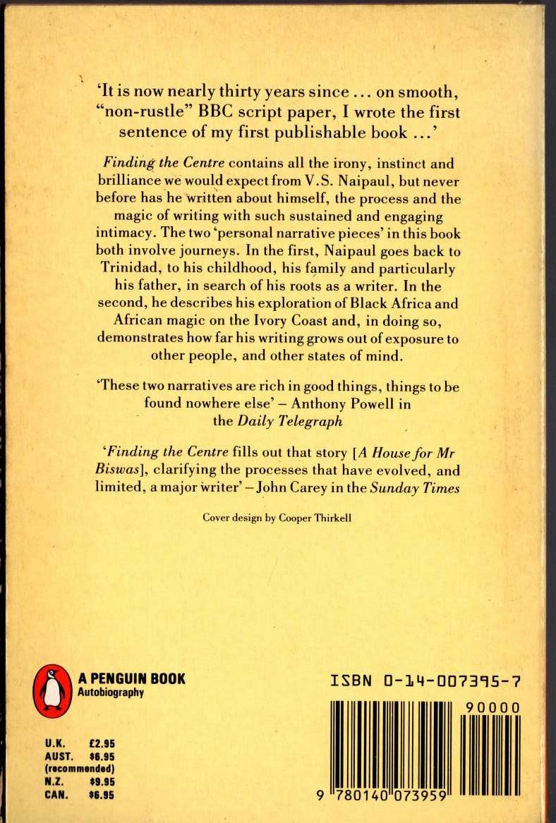 V.S. Naipaul  FINDING THE CENTRE (Autobiography) magnified rear book cover image