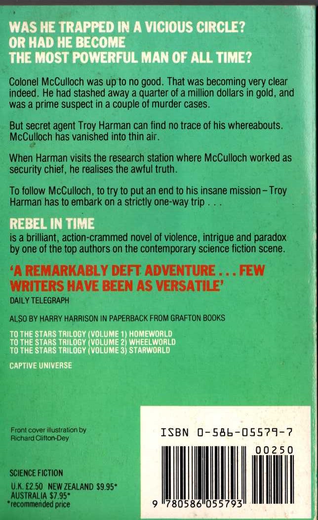 Harry Harrison  REBEL IN TIME magnified rear book cover image