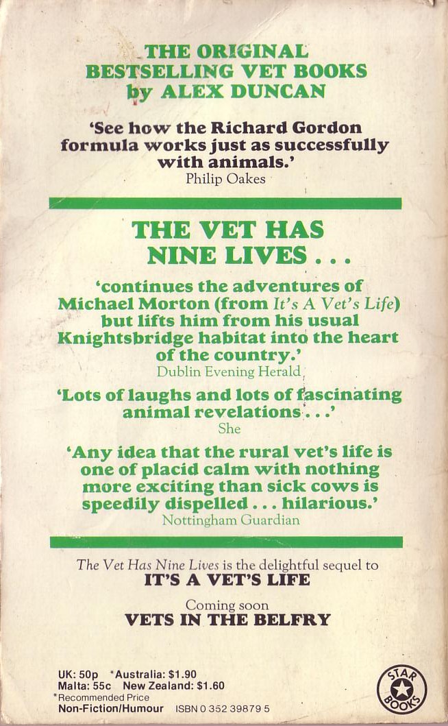 Alex Duncan  THE VET HAS NINE LIVES magnified rear book cover image
