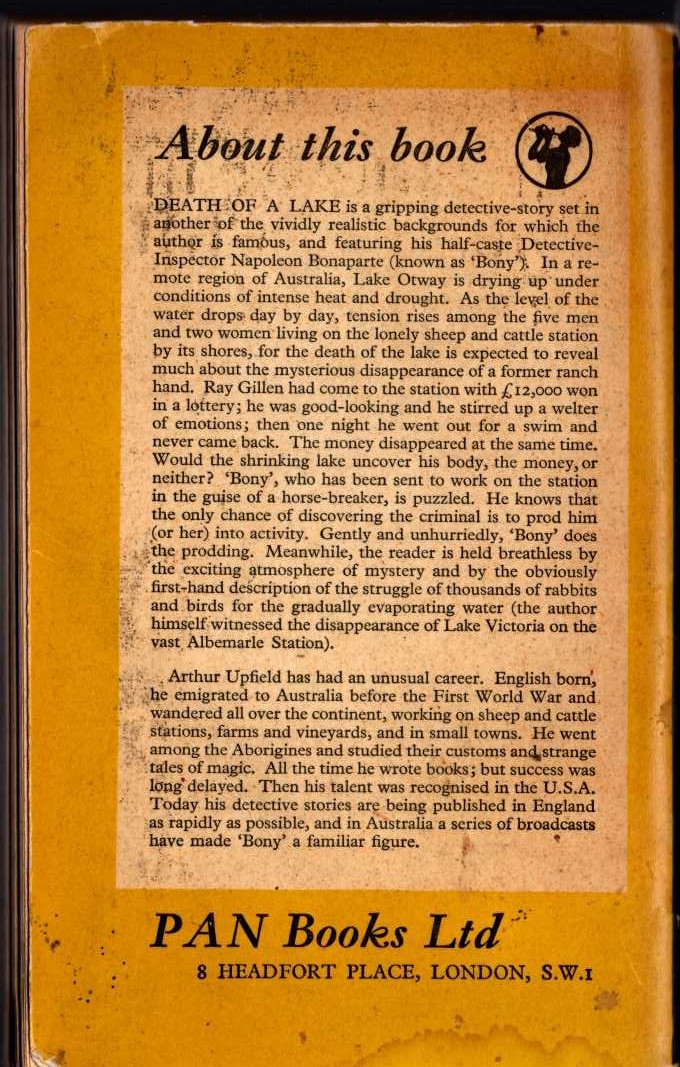 Arthur Upfield  DEATH OF A LAKE magnified rear book cover image