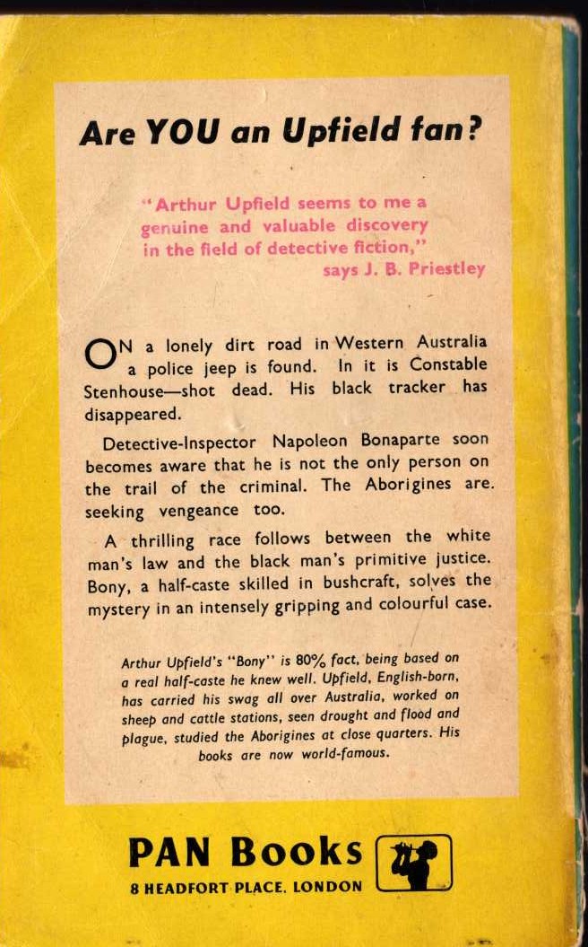 Arthur Upfield  CAKE IN THE HAT BOX magnified rear book cover image