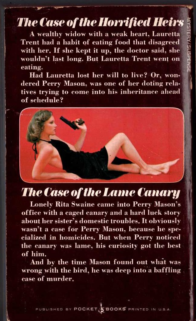 Erle Stanley Gardner  THE CASE OF THE HORRIFIED HEIRS and THE CASE OF THE LAME CANARY magnified rear book cover image