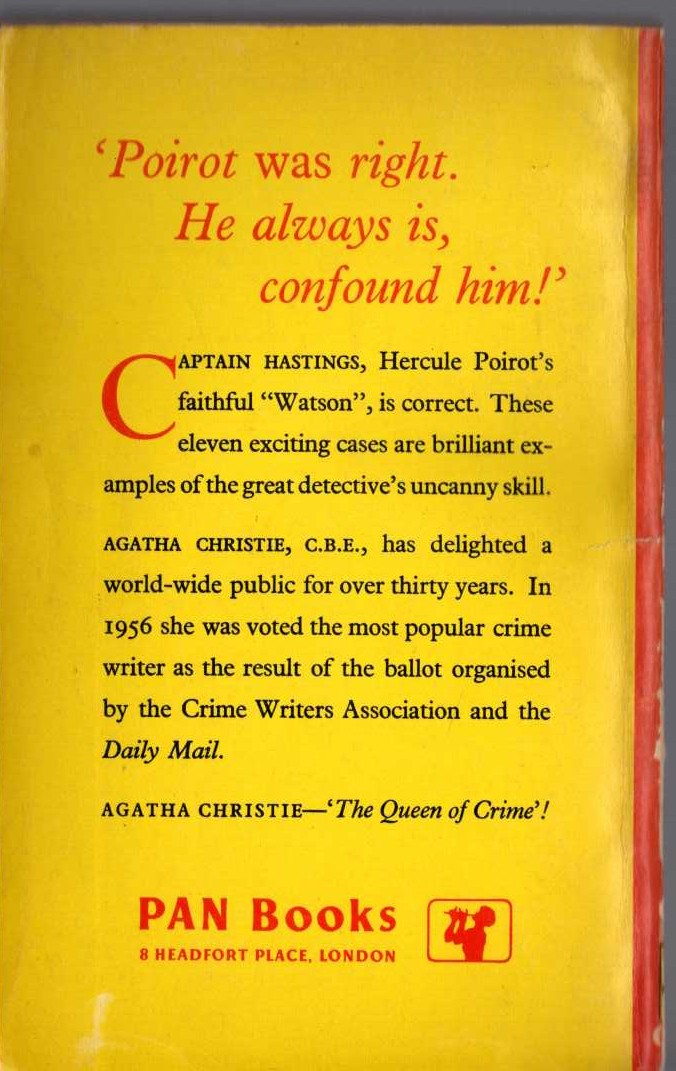 Agatha Christie  POIROT INVESTIGATES magnified rear book cover image