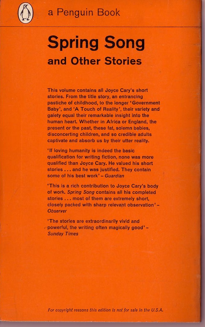 Joyce Cary  SPRING SONG and Other Stories magnified rear book cover image