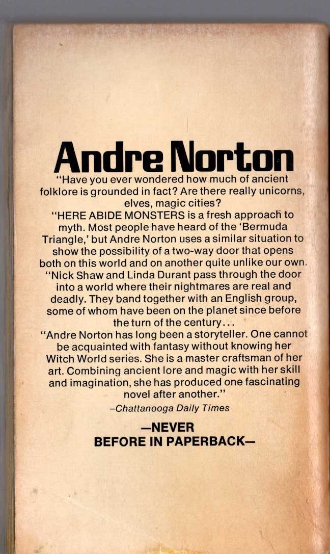 Andre Norton  HERE ABIDE MONSTERS magnified rear book cover image