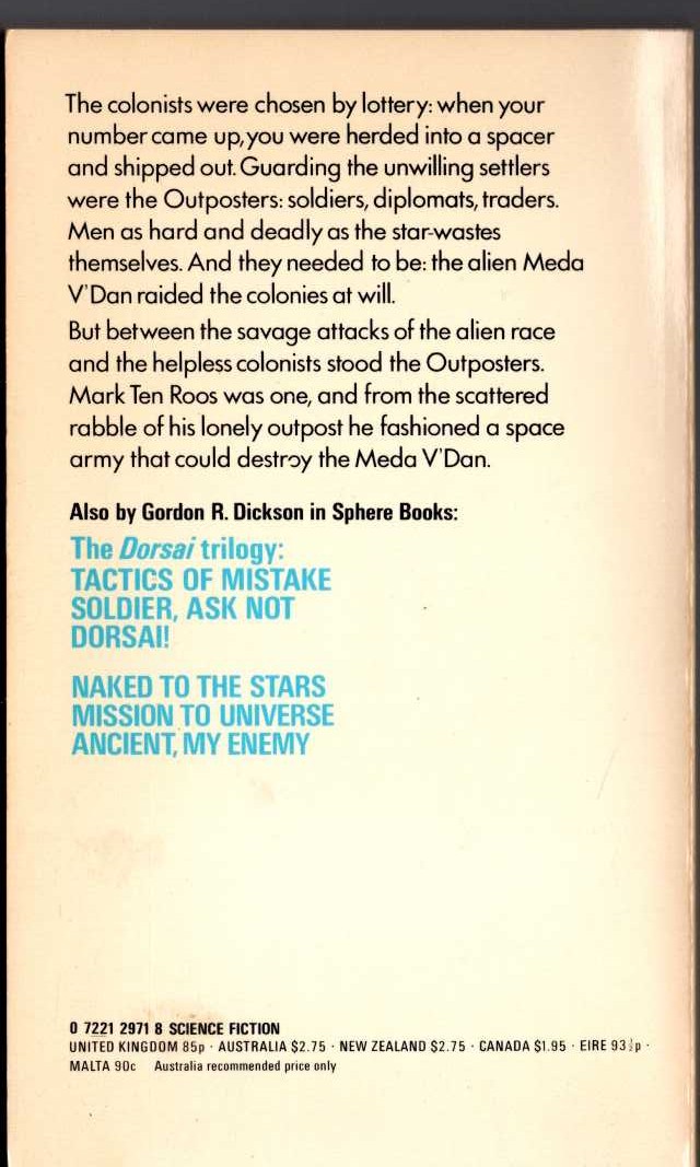 Gordon R. Dickson  THE OUTPOSTER magnified rear book cover image