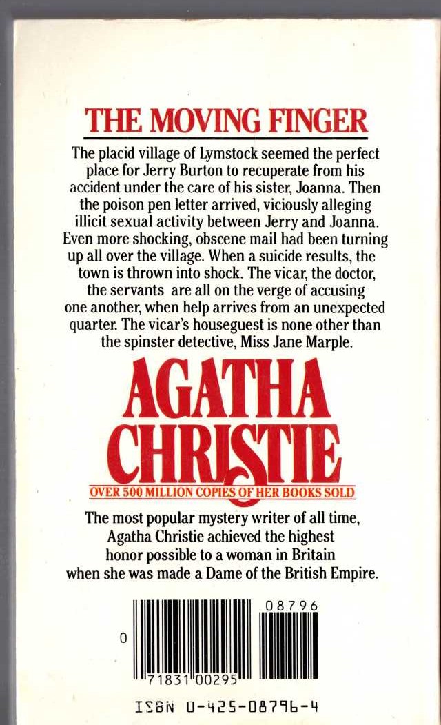Agatha Christie  THE MOVING FINGER magnified rear book cover image