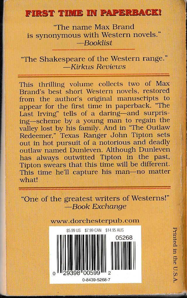 Max Brand  THE OUTLAW REDEEMER magnified rear book cover image